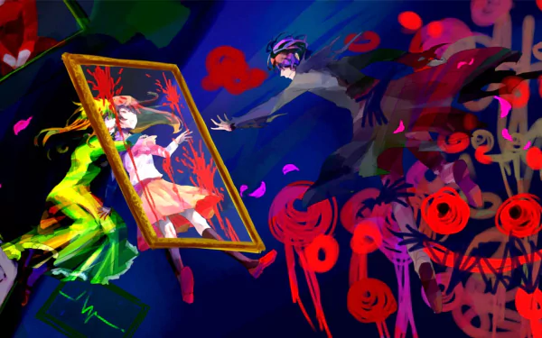 A vibrant HD desktop wallpaper featuring artwork from the 2012 video game Ib. The image portrays abstract, colorful characters and elements, capturing the game's surreal and eerie atmosphere.