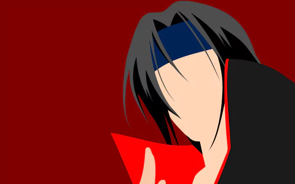 Minimalist anime-style portrait of Itachi Uchiha (Uchiha Clan) against a deep red background — 8K Ultra HD PC desktop wallpaper.
