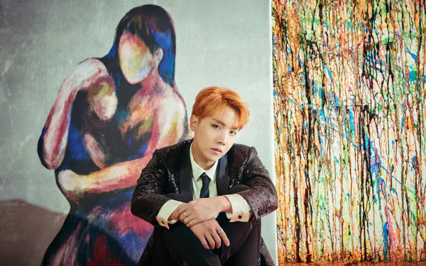 HD desktop wallpaper featuring K-pop singer J-Hope from BTS sitting in front of vibrant, abstract artwork.