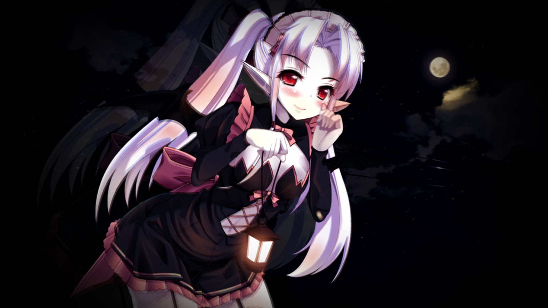 Manga-style character from the video game Millennium War Aigis: pale twin-tailed elf with red eyes in a gothic outfit, posing under a moonlit sky — HD PC desktop wallpaper/background.
