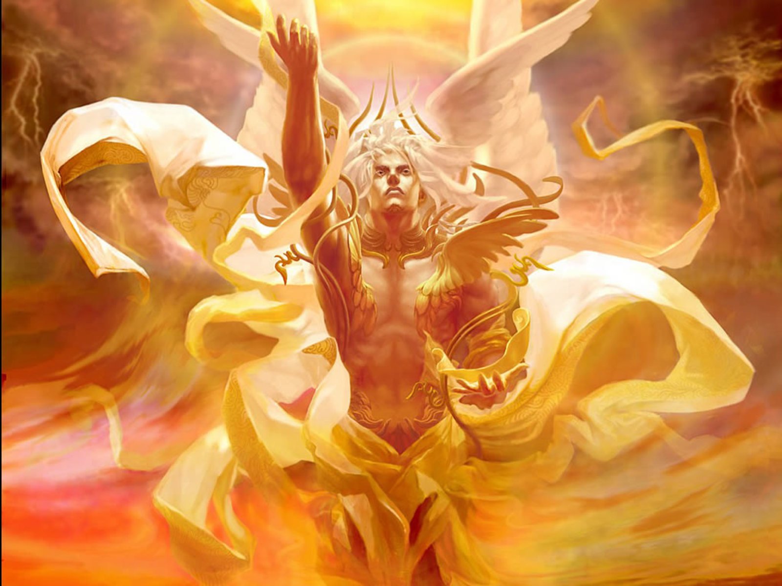 A stunning HD fantasy wallpaper featuring a powerful angel amidst swirling clouds and radiant light, capturing a sense of majesty and ethereal beauty.
