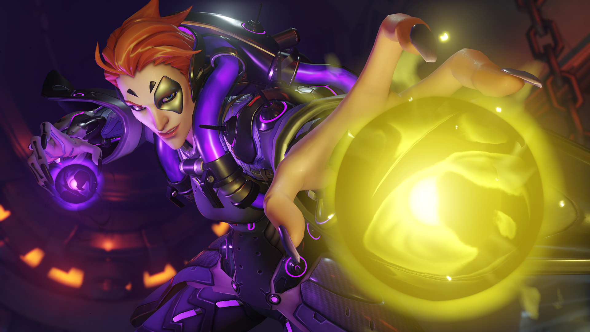 Moira (Overwatch) from the video game Overwatch fires a glowing yellow orb, vivid 4K Ultra HD PC desktop wallpaper/background.