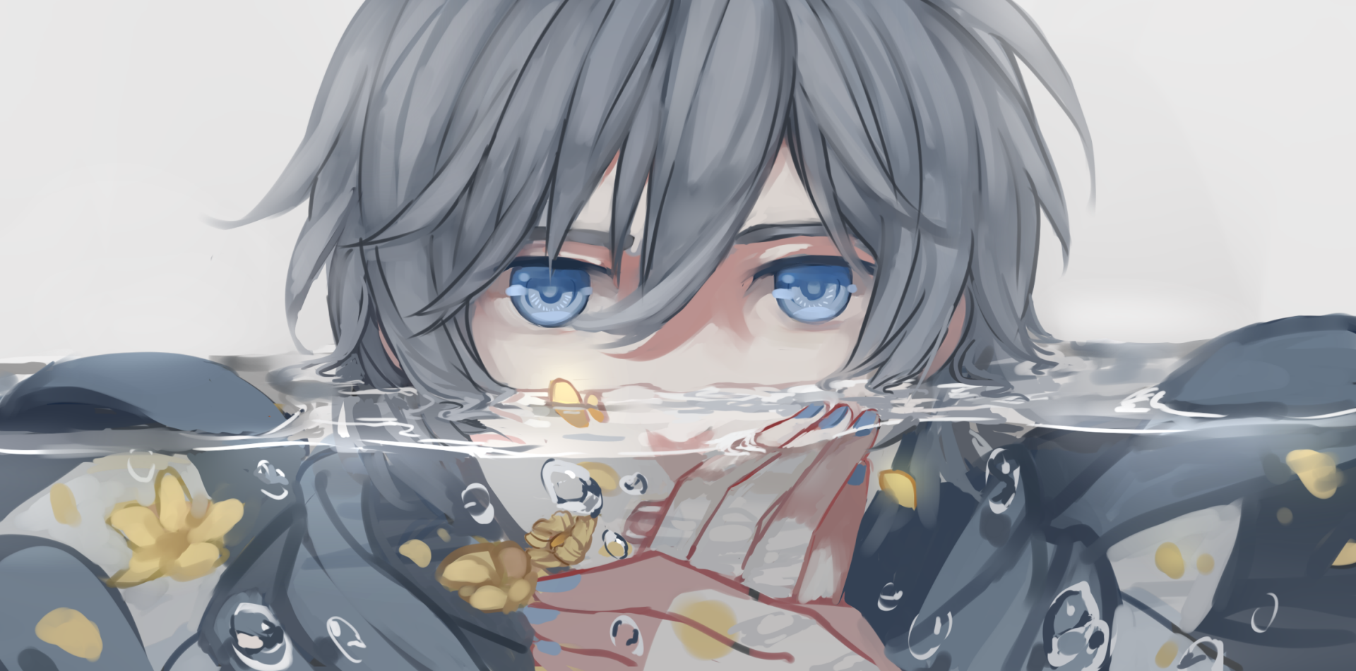 HD PC desktop wallpaper of Kaito (Vocaloid) — anime-style close-up with silvery hair and blue eyes, face half-submerged in water, hand reaching through ripples and floral accents.