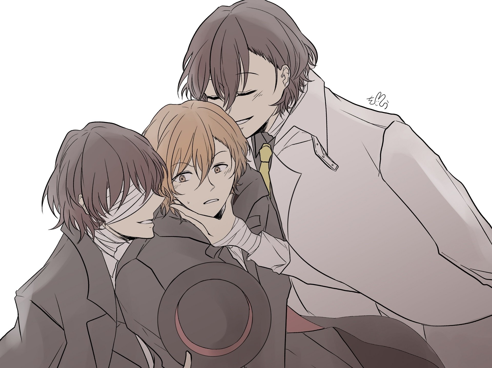 HD anime desktop wallpaper of Chuuya Nakahara and Osamu Dazai playfully embracing a blushing third character in a close, affectionate pose — Bungou Stray Dogs