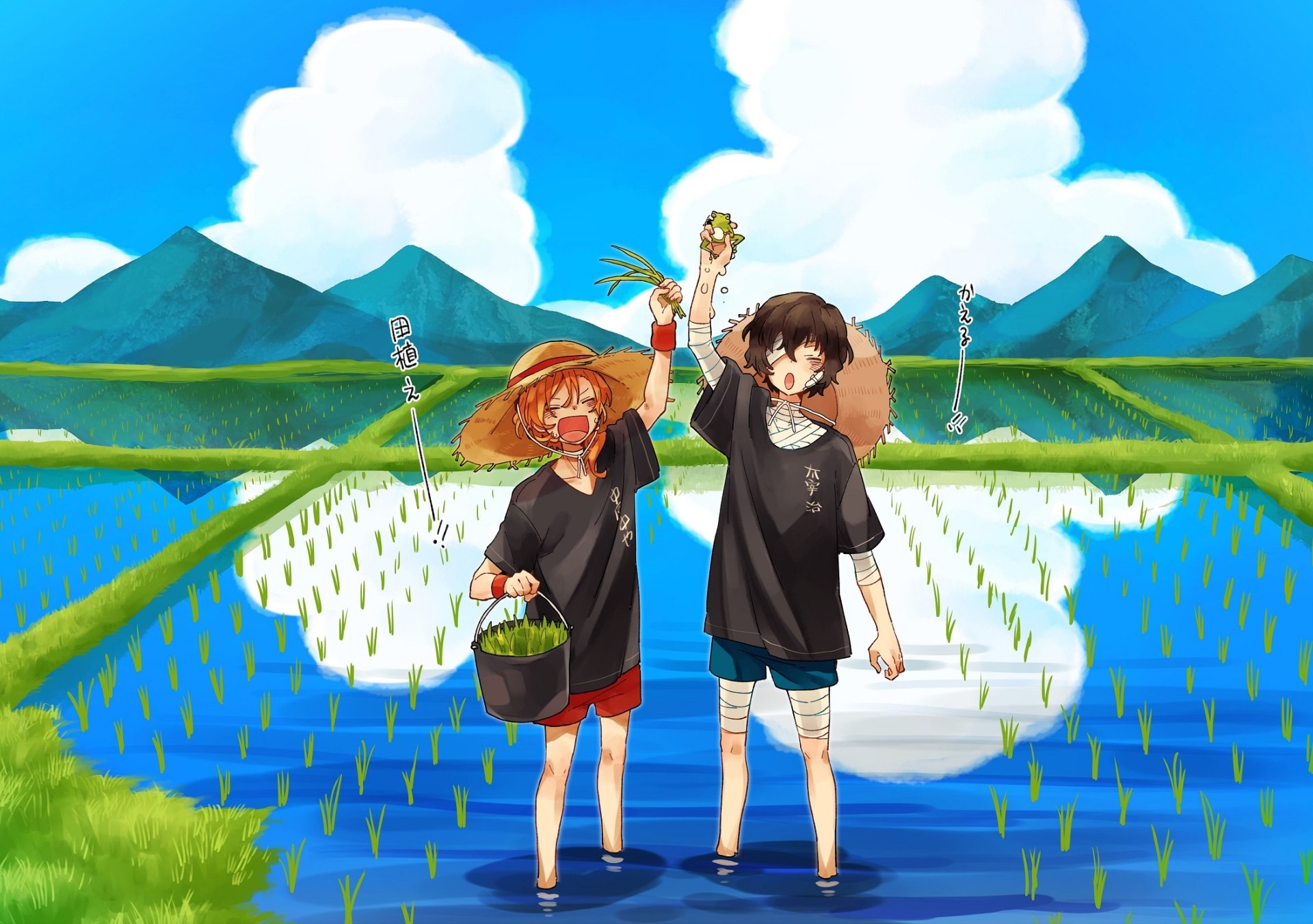 HD anime desktop wallpaper featuring Chuuya Nakahara and Osamu Dazai from Bungou Stray Dogs, standing cheerfully in a vibrant rice field with mountains and blue sky.