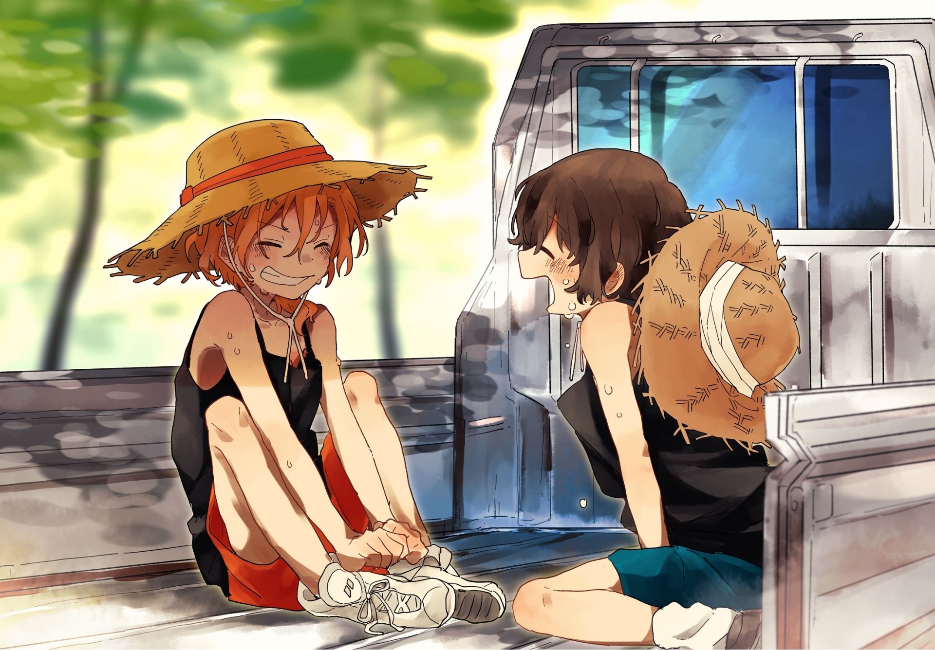 HD anime wallpaper featuring Chuuya Nakahara and Osamu Dazai from Bungou Stray Dogs sitting and smiling together outdoors with sunlight and greenery in the background.