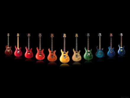 HD desktop wallpaper of twelve electric guitars in a variety of colors arranged in a row against a black background.