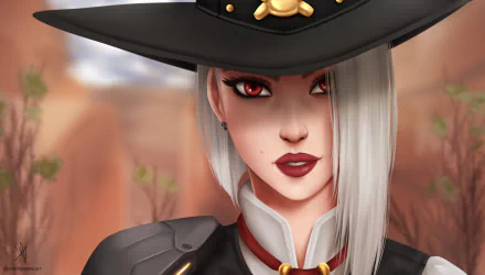 HD desktop wallpaper featuring Ashe from Overwatch with white hair, red eyes, and red lipstick, set against a blurred desert background.