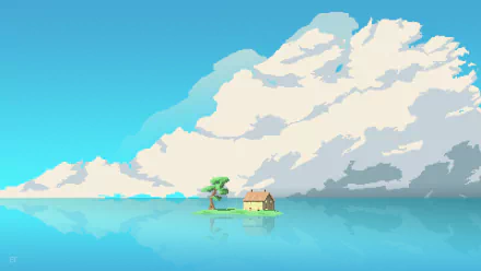 HD desktop wallpaper featuring an artistic 8-bit pixel art scene from Studio Ghibli's Spirited Away, depicting a serene landscape with clouds and a reflection on water.