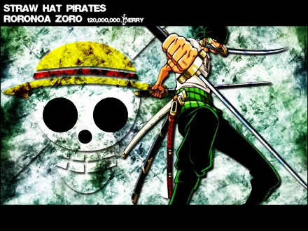 HD wallpaper featuring Roronoa Zoro from One Piece, showcasing his Santoryu sword style with the Straw Hat Pirates' Jolly Roger in the background.