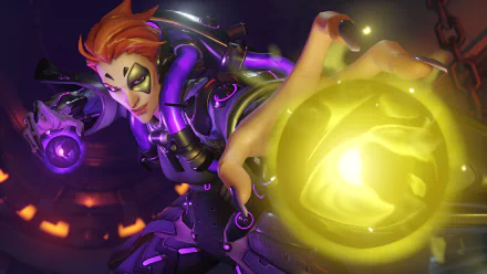 Moira (Overwatch) from the video game Overwatch fires a glowing yellow orb, vivid 4K Ultra HD PC desktop wallpaper/background.