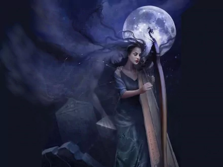 A mystical woman plays a harp under a glowing full moon, surrounded by wisps of smoke and shadows, creating an enchanting fantasy scene for HD desktop wallpaper.