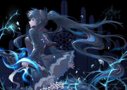 HD PC desktop wallpaper featuring Weiss Schnee from the anime RWBY, depicted with flowing hair and glowing blue magical elements in a dark, mystical setting.