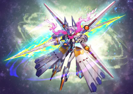 HD PC desktop wallpaper featuring a dynamic anime-style robotic character from Fate/Grand Order, surrounded by glowing energy and vibrant cosmic effects.