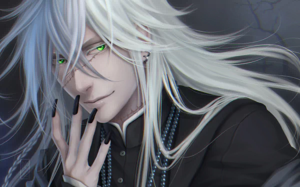 HD anime desktop wallpaper featuring Undertaker from Black Butler with flowing white hair, piercing green eyes, and dark attire.
