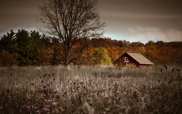 A serene 4K Ultra HD desktop wallpaper featuring a man-made barn nestled in a fall meadow with autumn-colored trees under a cloudy sky.