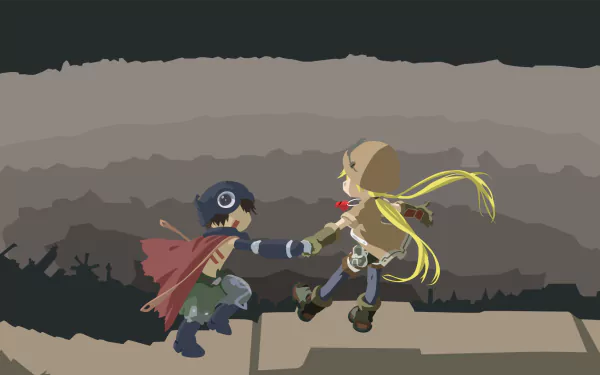 HD PC desktop wallpaper featuring Riko and Reg (Made in Abyss) reaching for each other on a cliff edge against a stylized, layered canyon background.