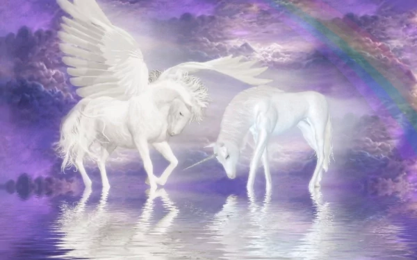 HD desktop wallpaper featuring a fantasy scene with a unicorn and a winged unicorn standing by a water reflection under a vivid rainbow and a mystical, purple sky.
