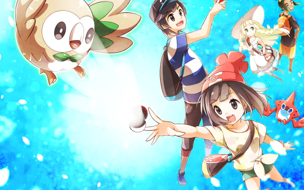Elio (Pokémon) Selene (Pokémon) Rowlet (Pokémon) Rotom (Pokémon) Moon (Pokémon) Lillie (Pokemon) Hau (Pokemon) video game Pokémon: Sun and Moon HD Desktop Wallpaper | Background Image