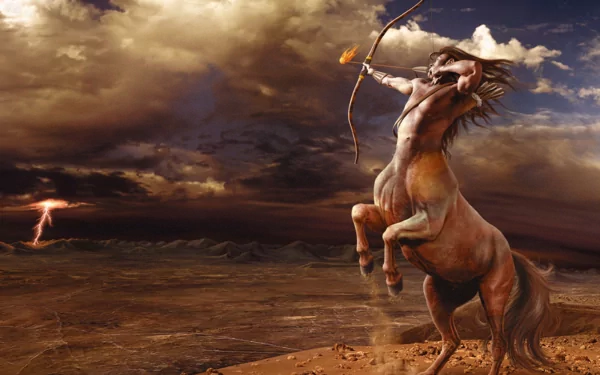 HD desktop wallpaper showcasing a fantasy scene of a centaur drawing a flaming arrow against a dramatic, stormy sky in a barren landscape.