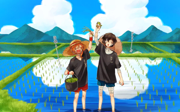 HD anime desktop wallpaper featuring Chuuya Nakahara and Osamu Dazai from Bungou Stray Dogs, standing cheerfully in a vibrant rice field with mountains and blue sky.