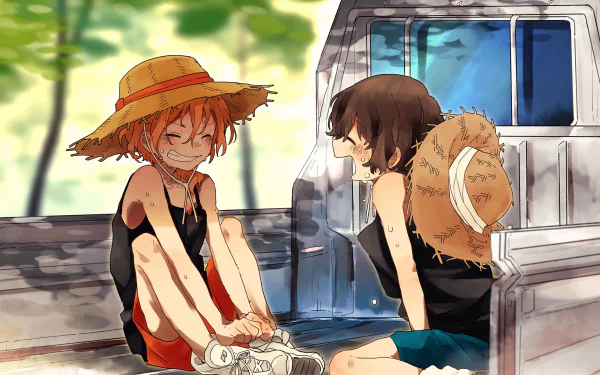 HD anime wallpaper featuring Chuuya Nakahara and Osamu Dazai from Bungou Stray Dogs sitting and smiling together outdoors with sunlight and greenery in the background.