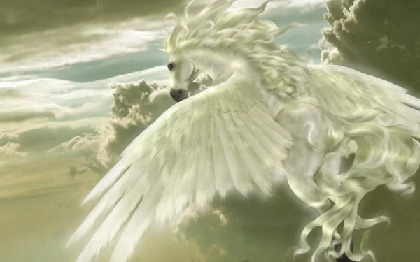 A majestic white pegasus soars through a dreamy sky, its flowing mane and wings illuminated against a backdrop of soft clouds, embodying fantasy in this stunning HD desktop wallpaper.