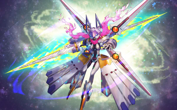 HD PC desktop wallpaper featuring a dynamic anime-style robotic character from Fate/Grand Order, surrounded by glowing energy and vibrant cosmic effects.