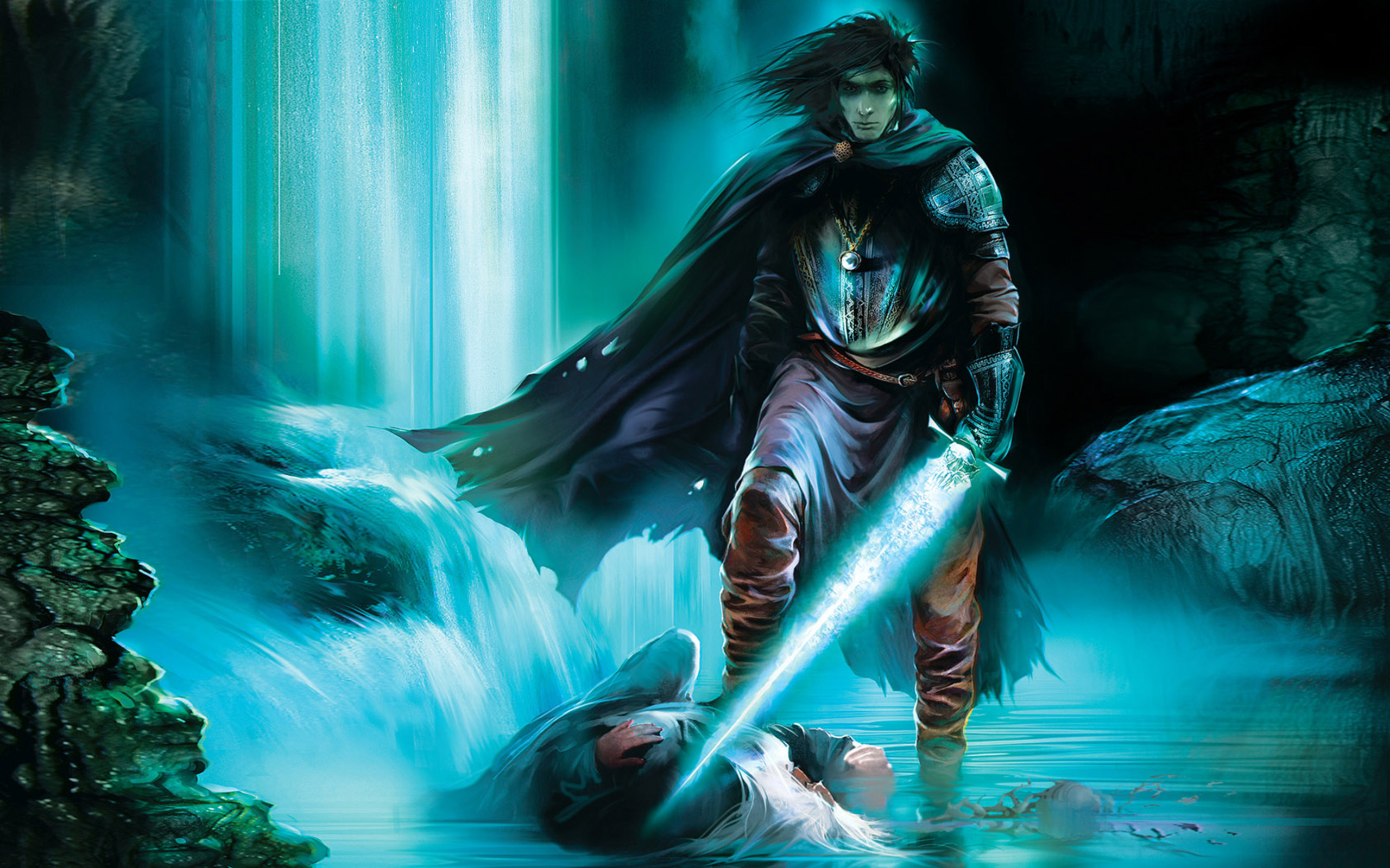 Excalibur sword in front of a waterfall with a cape and necklace.