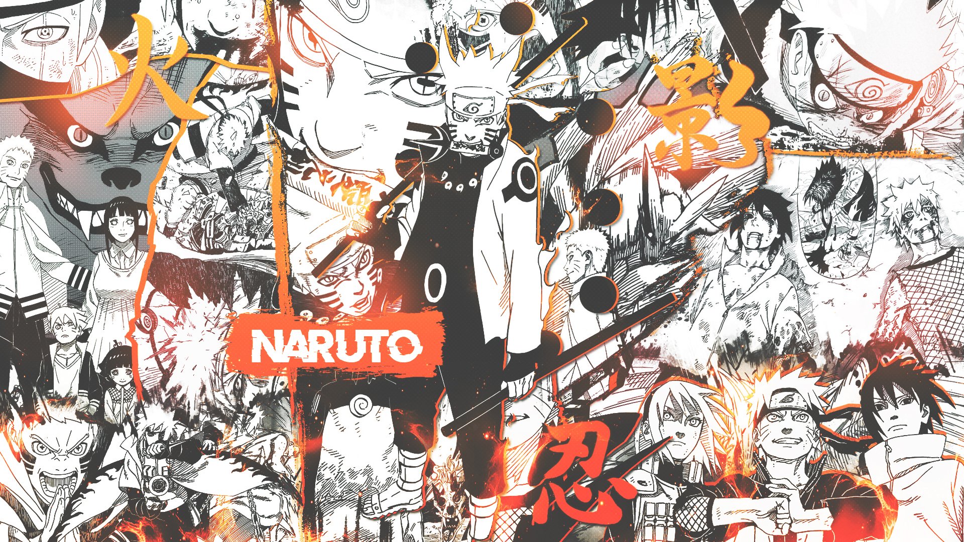 HD desktop wallpaper featuring Naruto Uzumaki from the anime Naruto, with a dynamic collage of characters and scenes in a vibrant and artistic style.