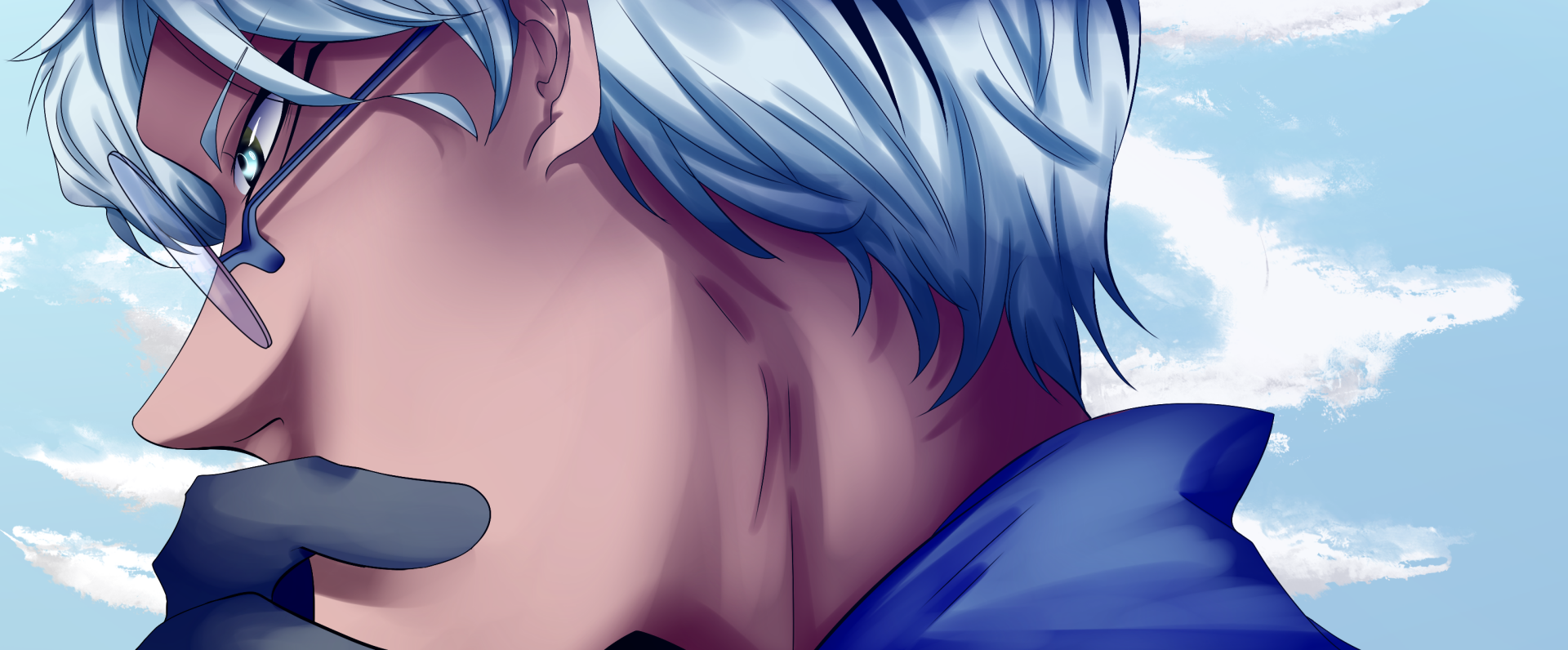 Close-up anime profile of a silver-haired character from The Promised Neverland, blue jacket and cloudy sky backdrop — HD PC desktop wallpaper/background.