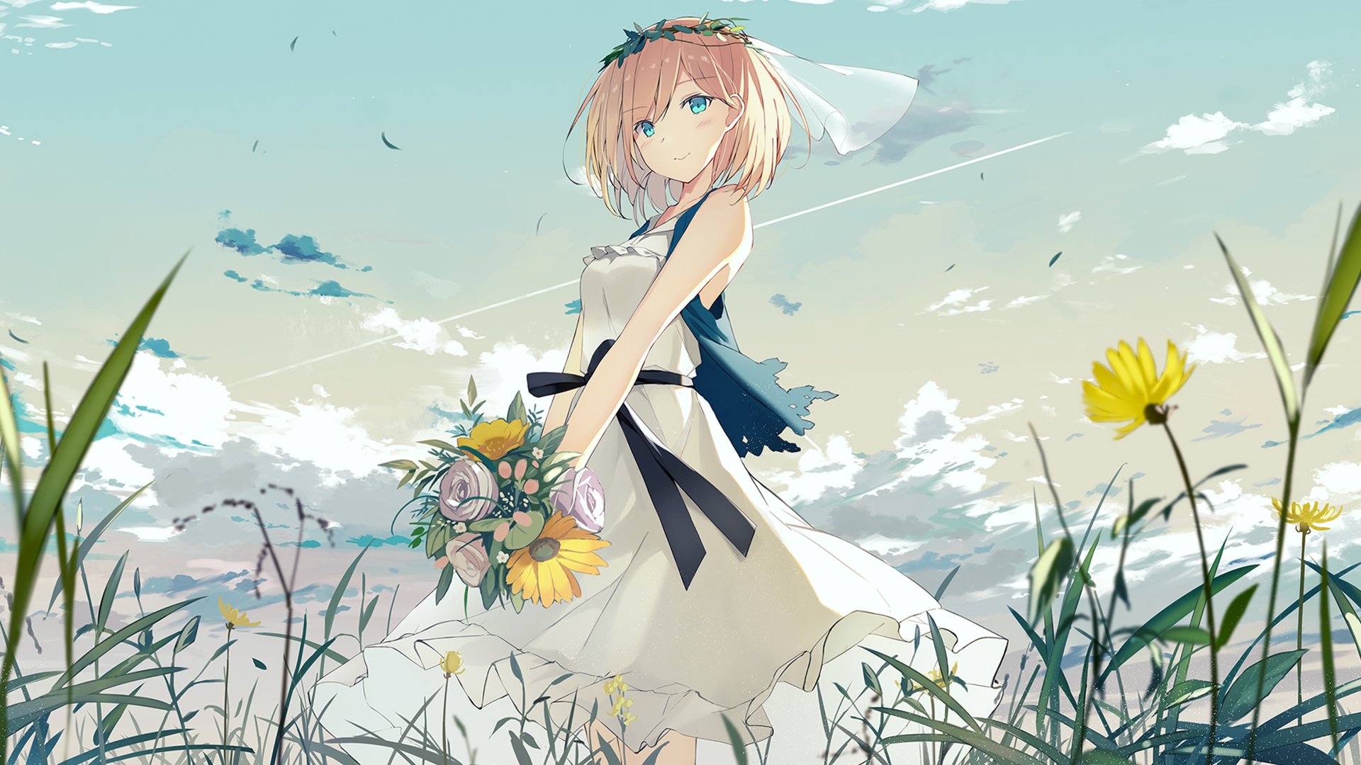 HD wallpaper of an anime girl in a white dress standing in a field, holding a bouquet, with a serene sky in the background.