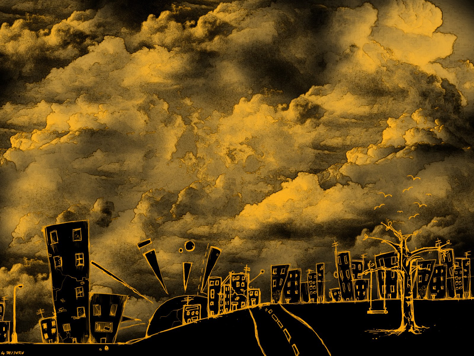 Artistic drawing of dramatic clouds above a stylized cityscape, creating an intriguing HD desktop wallpaper and background with rich textures and colors.