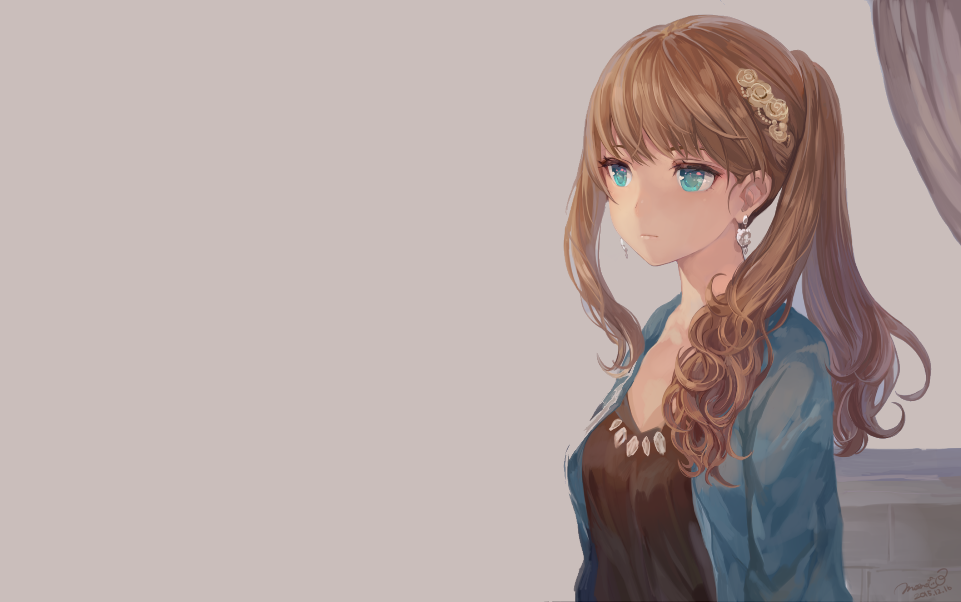Anime original HD PC desktop wallpaper: young woman with long brown hair, teal eyes, blue jacket and hair ornament, gazing right against a soft beige background.