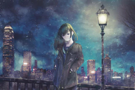 HD anime original desktop wallpaper featuring a melancholic girl standing by a lamppost with a glowing night cityscape in the background.