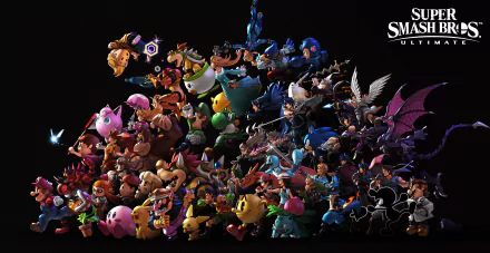 A dynamic HD wallpaper showcases characters from the video game Super Smash Bros. Ultimate, featuring a colorful ensemble of beloved heroes and villains from various franchises.