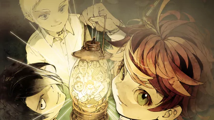 HD desktop wallpaper featuring characters from the anime The Promised Neverland, showing three children gathered around a glowing lantern, illuminating their faces with a sense of wonder and intrigue.