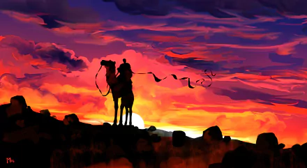 HD minimalist artistic wallpaper depicting a lone camel and rider silhouetted against a vibrant red and orange sunset sky.
