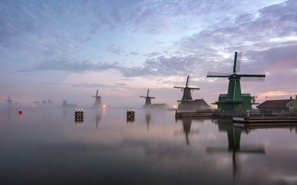 Man Made Windmill Fog Reflection Building HD Wallpaper | Background Image