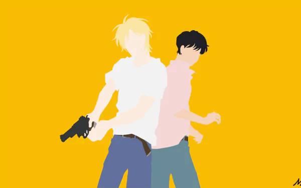 Minimalist anime-style HD wallpaper of Eiji Okumura and Ash Lynx from Banana Fish, set against a bold yellow background.