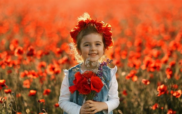 Photography Child Smile Little Girl Summer Wreath Flower Poppy Red Flower HD Wallpaper | Background Image