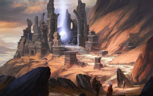 A HD desktop wallpaper depicting a fantasy ruin with statues and an orb, set against a dramatic rocky landscape with beams of light, evoking an otherworldly atmosphere.