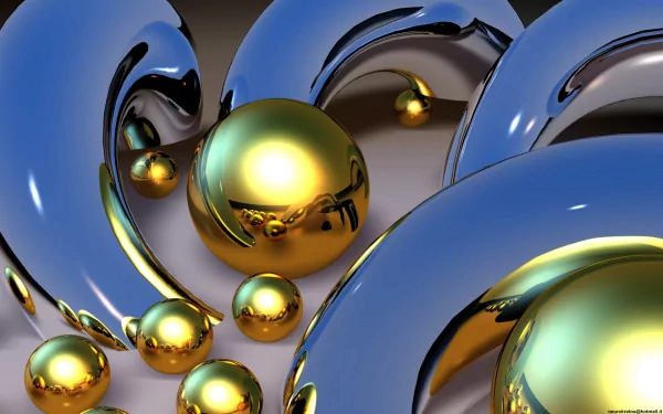 A captivating CGI abstract design featuring shiny silver and gold spheres intermingling with sleek metallic waves, creating a striking HD desktop wallpaper.