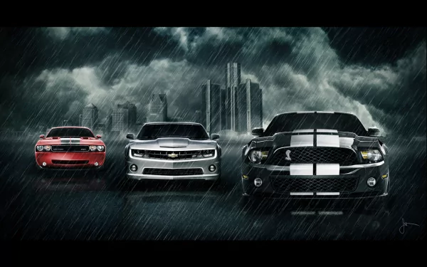 HD desktop wallpaper of a Chevrolet Camaro and Ford Mustang under heavy rain with a dark, cloudy city skyline in the background.