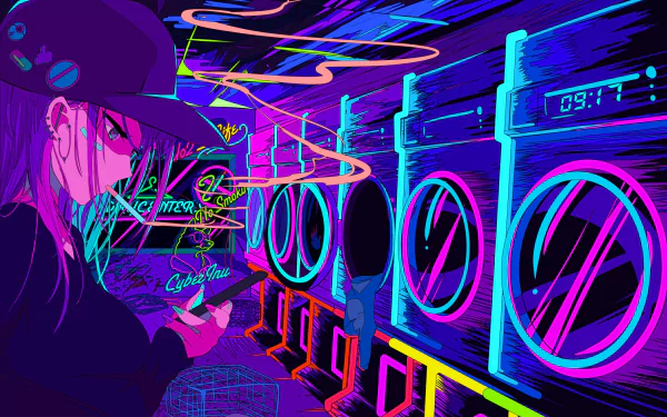 A vibrant, cyberpunk anime scene featuring a character in a cap, smoking, in a neon-lit laundromat, capturing the essence of synthwave aesthetics. HD wallpaper and background.