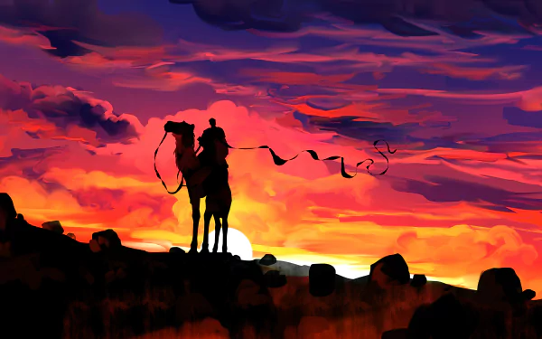 HD minimalist artistic wallpaper depicting a lone camel and rider silhouetted against a vibrant red and orange sunset sky.