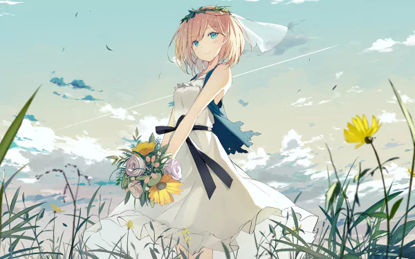 HD wallpaper of an anime girl in a white dress standing in a field, holding a bouquet, with a serene sky in the background.