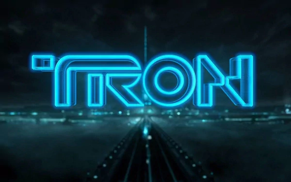 HD PC desktop wallpaper featuring the glowing blue TRON logo from the Disney movie TRON: Legacy against a dark futuristic background.