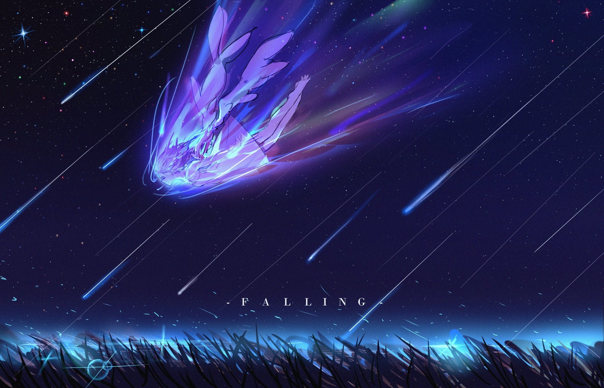 HD desktop wallpaper of an anime character with white short hair and wings, set against a starry night sky. The character is depicted falling, surrounded by streaks of light in a dynamic scene.