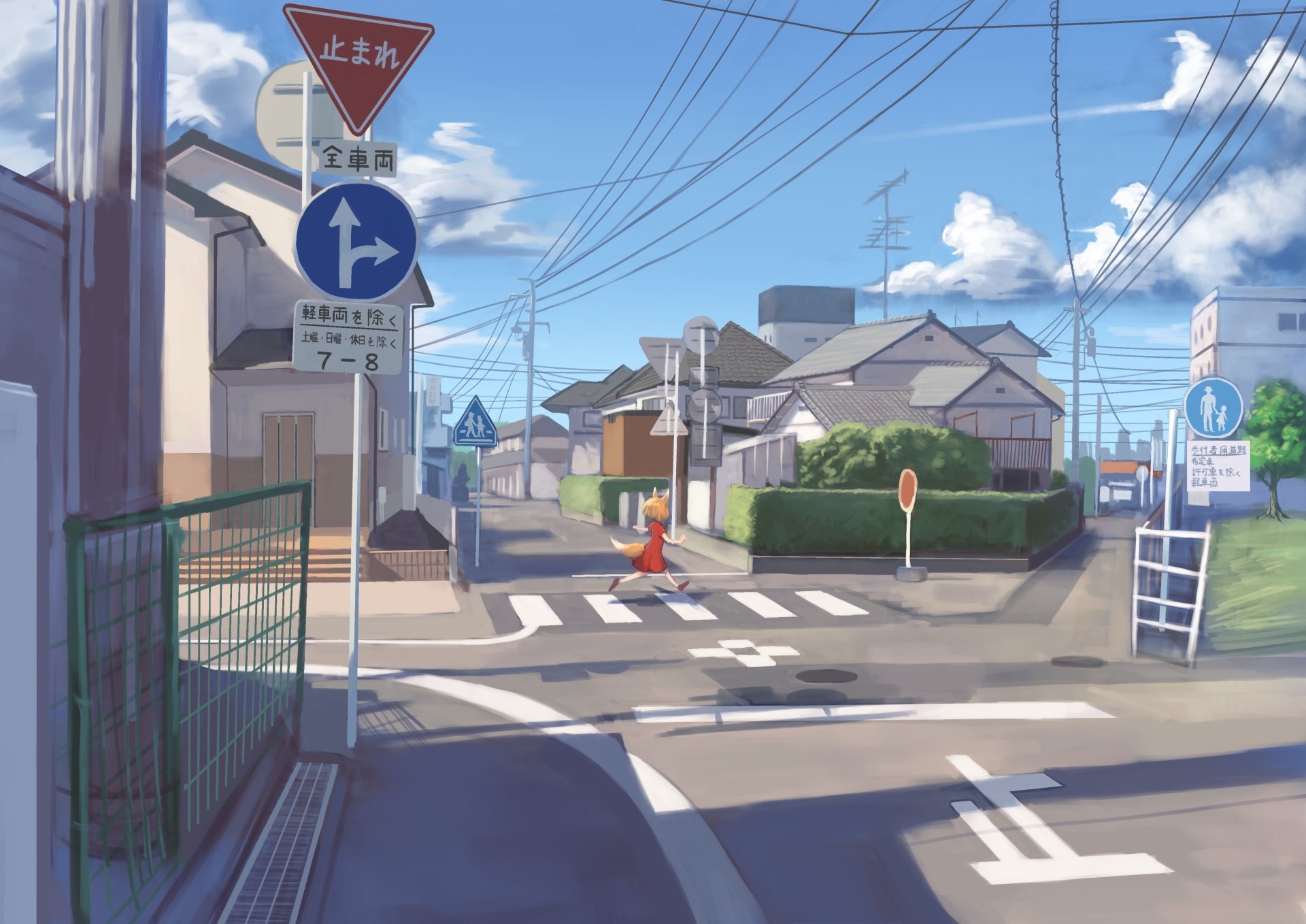 Anime-style 4K Ultra HD street scene featuring a blonde character with short hair and a tail crossing a quiet neighborhood road under a bright blue sky.